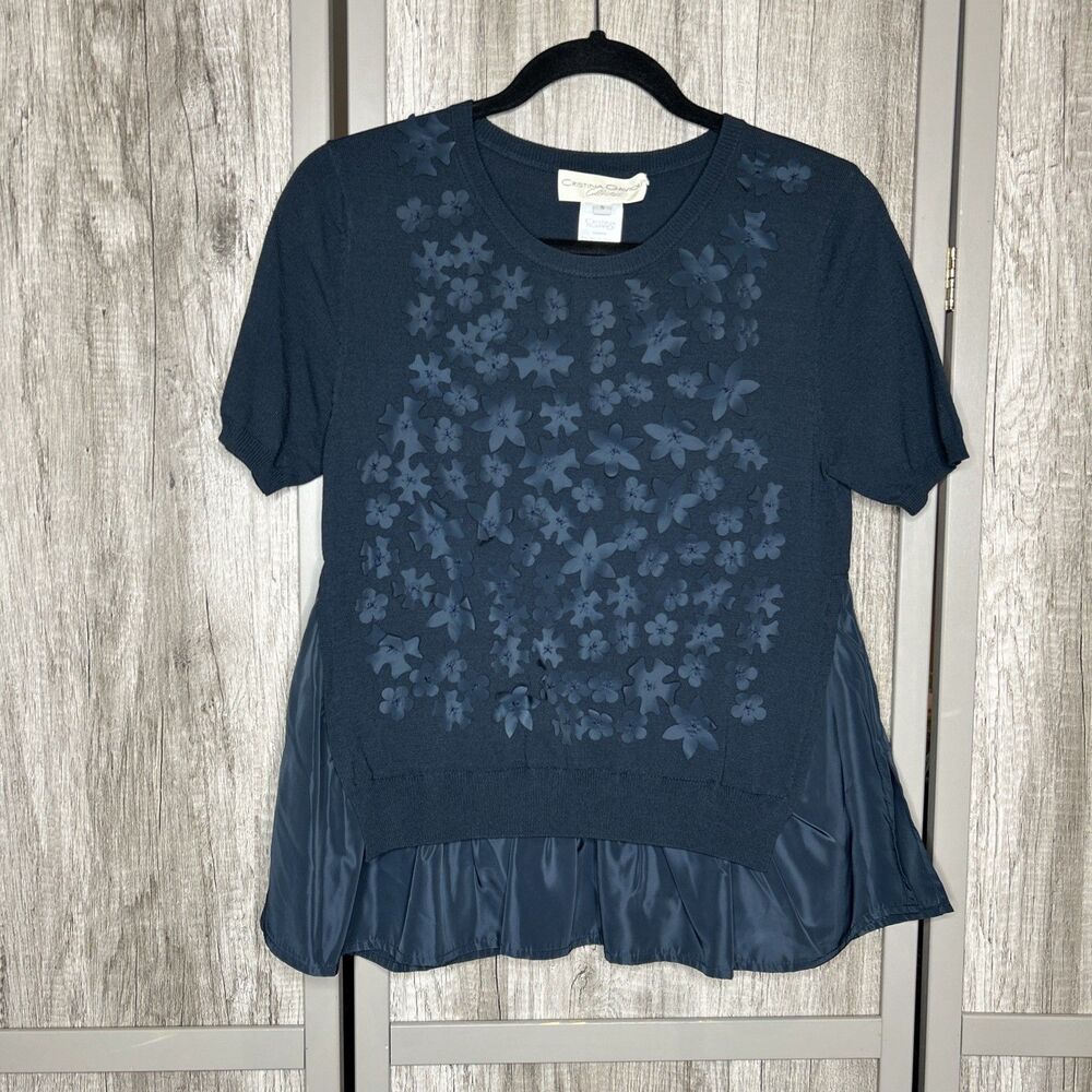 Cristina Gavioli Top Size S Elegant 2 D Floral Short Sleeve Navy